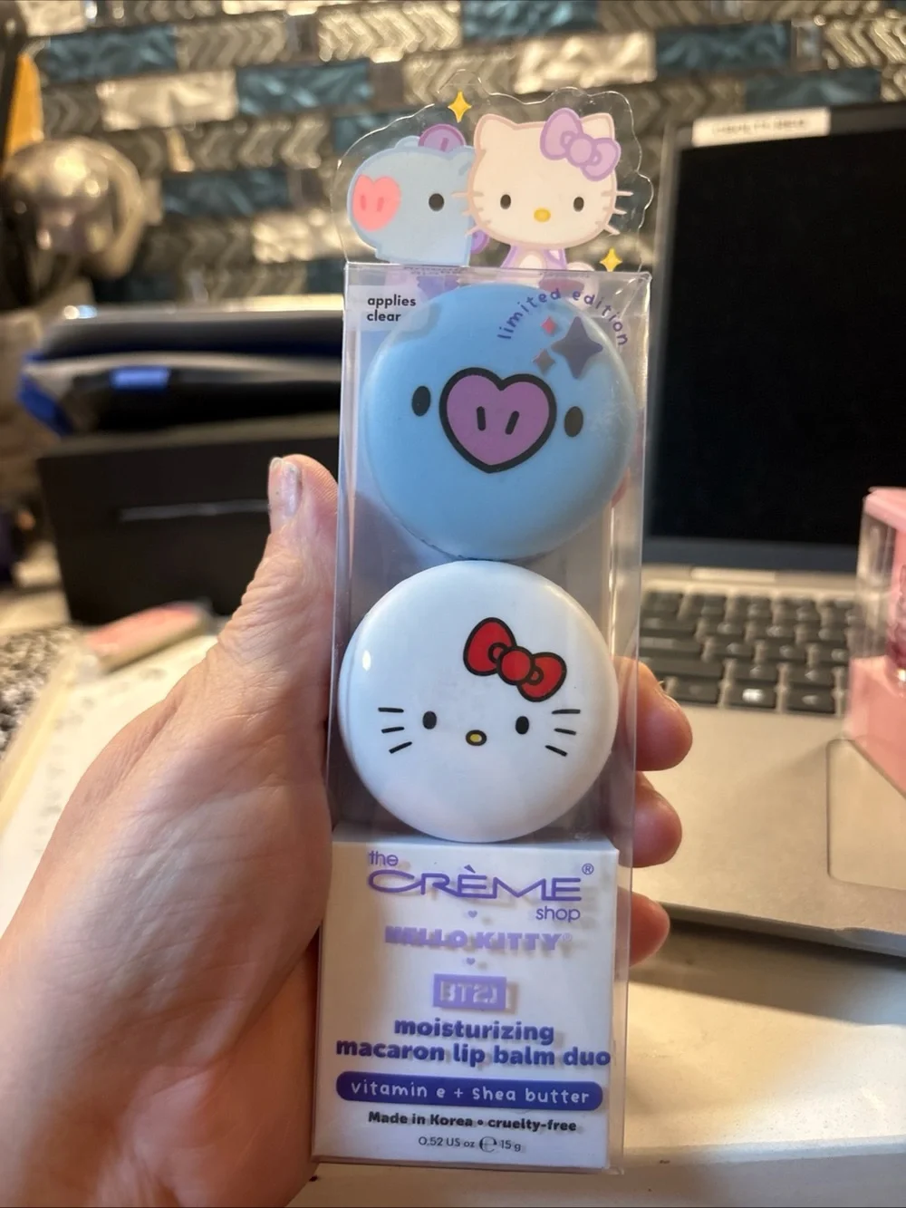 The Crème Shop Hello Kitty x BT21 Moisturizing Macaron Lip Balm Duo — Red & Blue